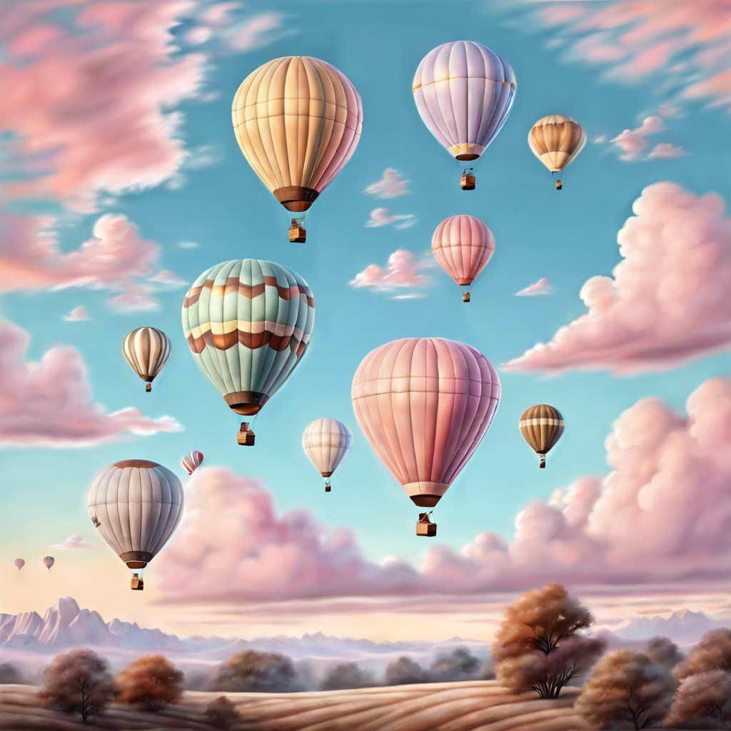 pastel balloon sky softly colored hot air balloons floating in a light pastel sky