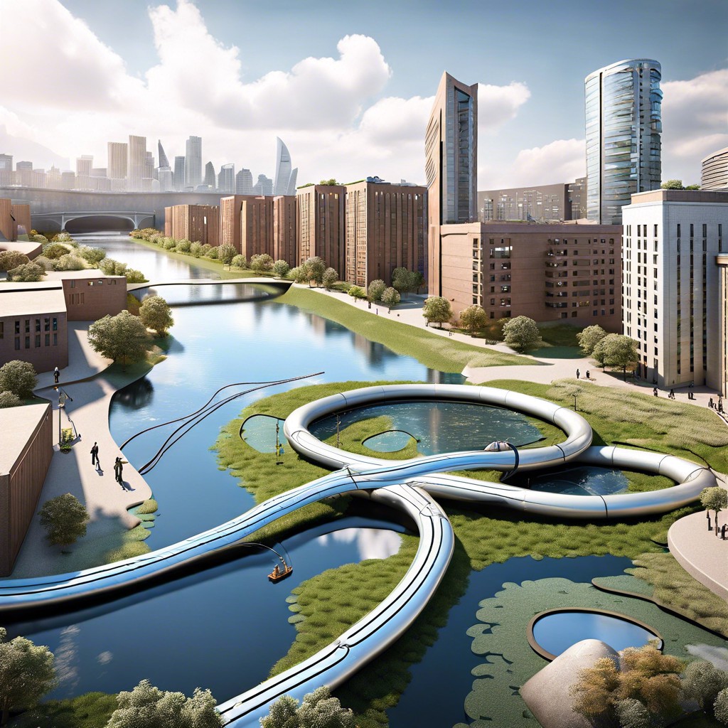 urban tubing adventure design a city based water adventure park using safe artificial tubing rivers that weave through urban landscapes